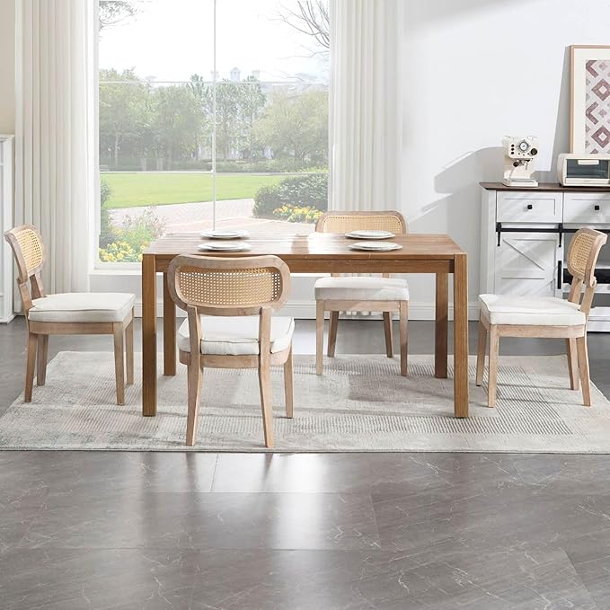 Farmhouse Rattan Dining Chairs Set of 4 Solid Wood Kitchen Chair with Cane Back French Country Upholstered Accent Chair Rustic Armless Side Chairs for Dining/Living Room/Restaurant, Beige-Ruum Studio Home