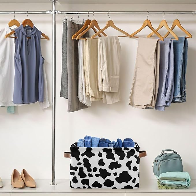 Black White Cow Skin Print Storage Basket Cube Storage Bins Organizer Bag Collapsible Closet Shelf Baskets with handle for Baby Cloth Pet Toy Book 14.2×10.2×8.3 IN-Ruum Studio Home