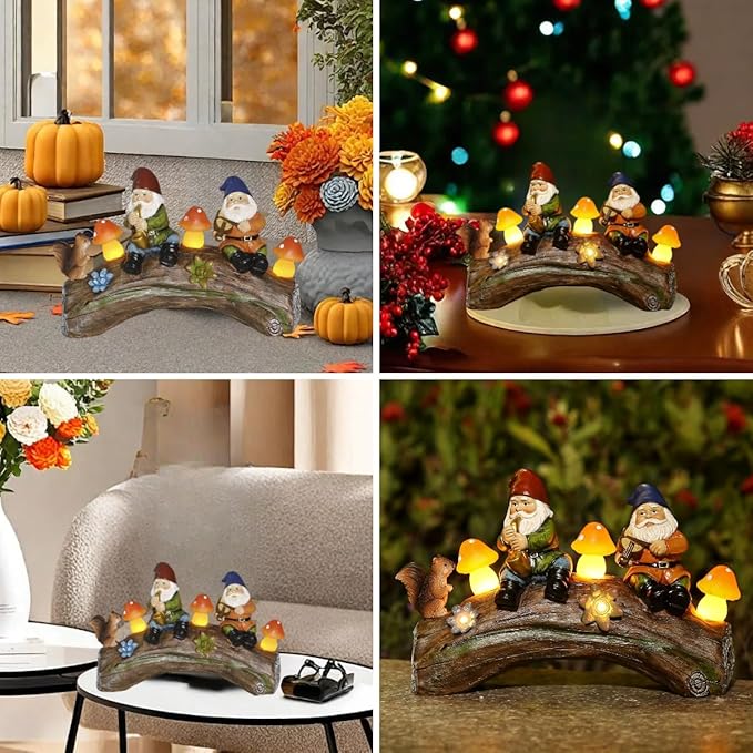 Funny Garden Gnome Statue Solar Powered Mushroom Figurine with Squirrel Gnome Durable Resin Outdoor Decoration for Patio Yard Lawn Ornament Housewarming Gift-Ruum Studio Home