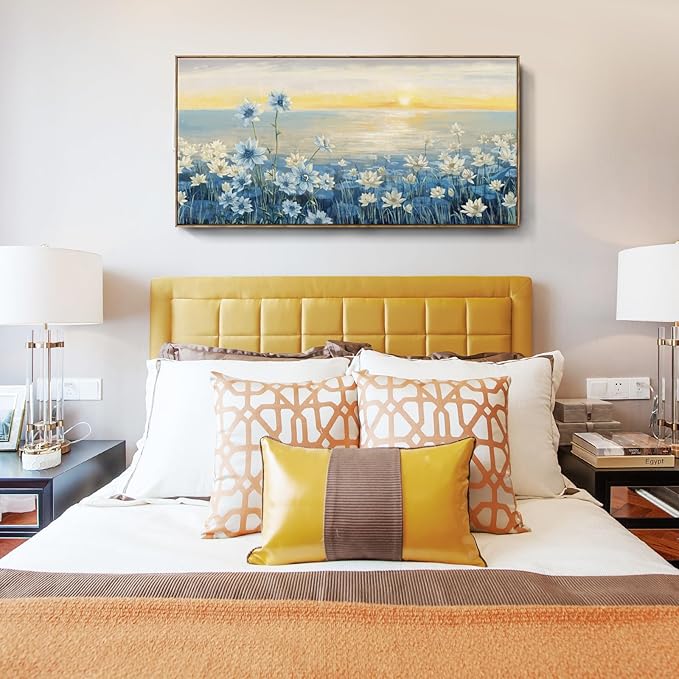 Large Wall Art for Living Room Modern Framed Coastal Beachy Canvas Wall Art Big Floral Sunrise Blue Wall Picture Oversized Lake Nature Sunset Artwork for Office Bedroom Decor-Ruum Studio Home