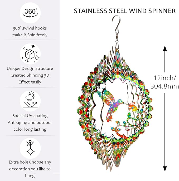 Hummingbird Wind Spinner for Yard and Garden,12in 3D Wind Spinner Hummingbird Gift for Women/Mother/Father/Men,Hanging Bird Wind Catchers Kinetic Yard Art Ornaments Outdoor Wind Sculptures-Ruum Studio Home