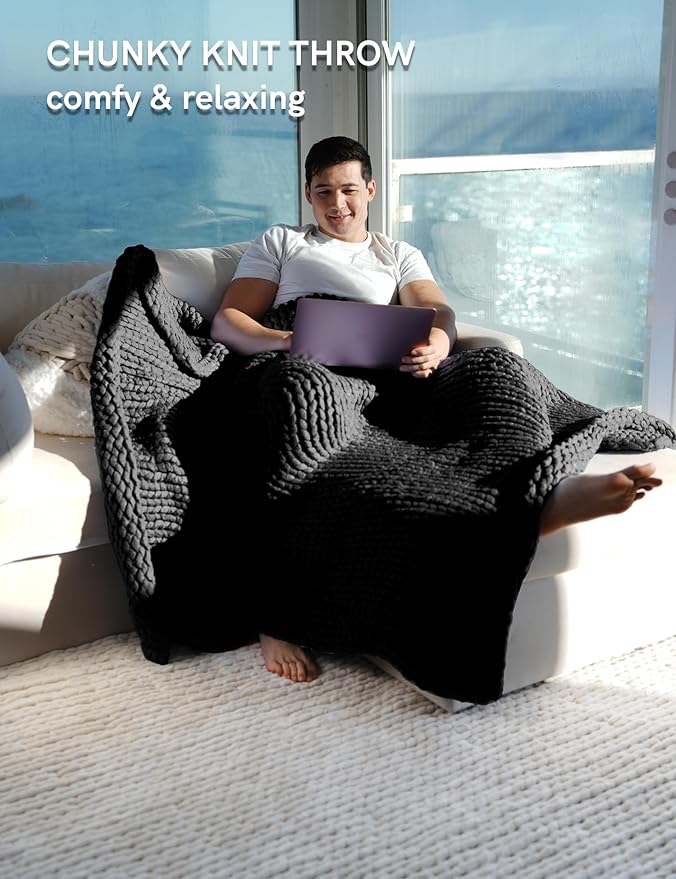YnM Chunky Throw Blanket, Medium-Weight, Hand Knitted, Skin Friendly, Ventilated and Breathable, Machine Washable, Home Décor Piece for Couch, Sofa and Bed (Black, 60x80 Inch)-Ruum Studio Home