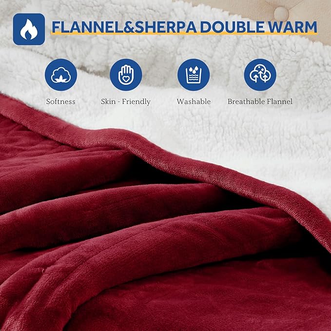 Sealy Electric Blanket Throw Size 50"*60",Super Cozy Flannel to Sherpa Reversible Heated Blanket Throw with 6 Heating Levels & 2-10 Hours Auto Off Overheating Protection Machine Washable,Red-Ruum Studio Home