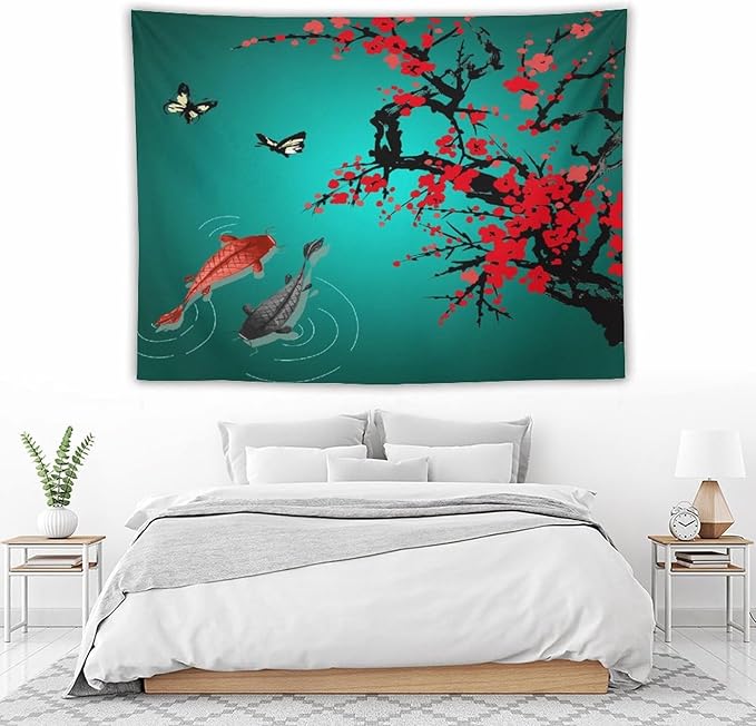 Houselerax Japanese Koi Fish Tapestry, Cherry Blossoms Asian Oriental Green Teal Floral Branch Koi Fish Carp Tapestries Wall Hanging for Bedroom Living Room Office Decor 80"x60"-Ruum Studio Home