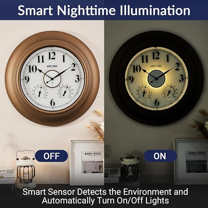 Andy Star 21 Inch Large Luminous Outdoor Wall Clock Waterproof with Temperature, Vintage Round Wall Clocks Battery, Oversized Pool Clock for Garden Patio Rustic Bronze Finish Silent Non Ticking Clock-Ruum Studio Home