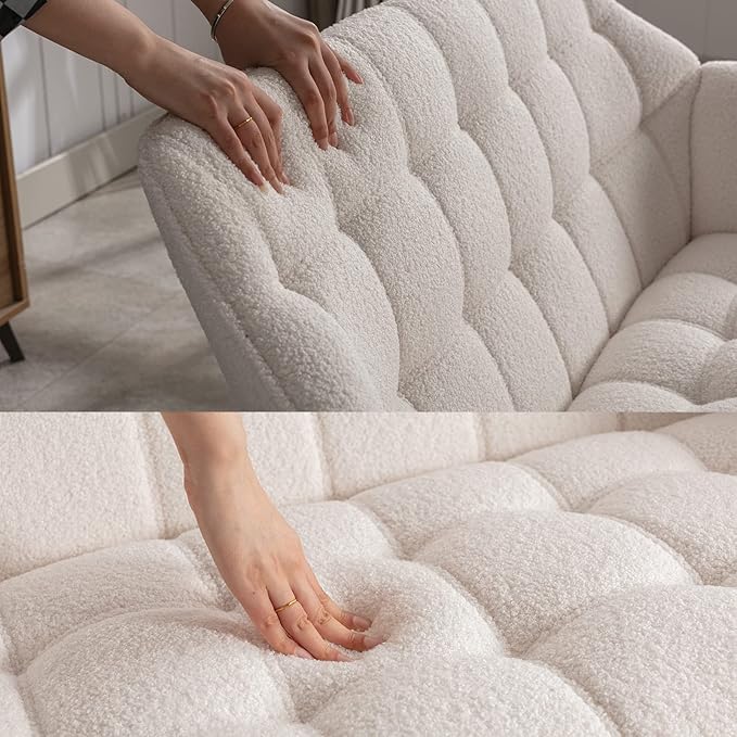 48" Small Loveseat Sofa, Modern Sherpa Mini Sofa Couch 2-Seater Fluffy Love Seat with Quilting Backs and Wood Legs for Living Room, Bedroom and Small Space, White-Ruum Studio Home
