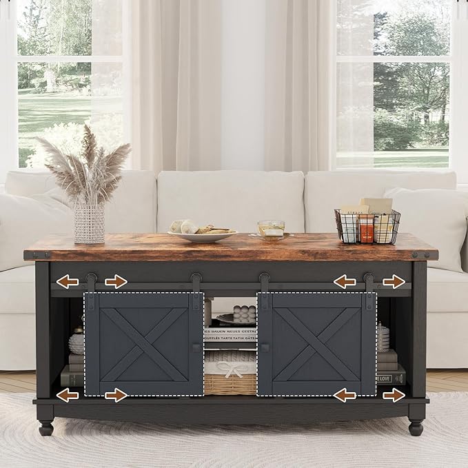 48" Farmhouse Lift Top Coffee Table with Storage Sliding Barn Door & Large Hidden Compartment, Coffee Table with Lifting Top with Wooden Lift Tabletop, Coffee Tables for Living Room, Black-Ruum Studio Home