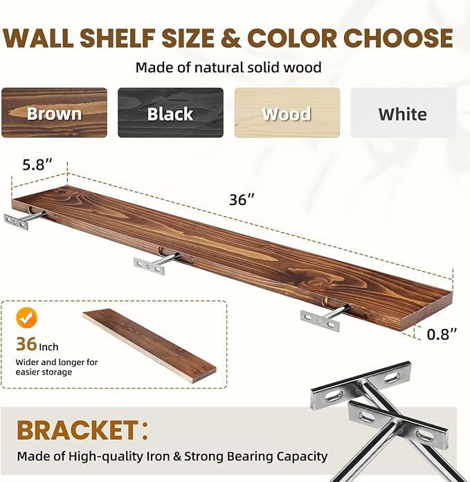 Floating Wall Shelves 2-Pack - 36-Inch Rustic Brown Wooden Shelves for Storage and Décor, Easy Installation for Living Room, Bedroom, and Kitchen-Ruum Studio Home