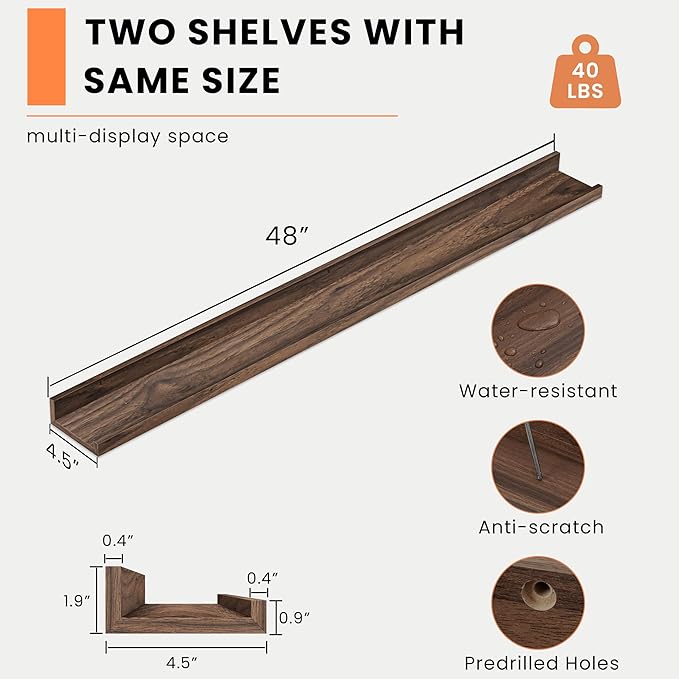 Heimlove Picture Ledge Shelf, Floating Shelves Set of 2, 48 Inches Picture Shelf for Wall with Ledge, Kids Bookshelf Wall Mounted for Living Room Bedroom Decor Books Photo Frames, Walnut-Ruum Studio Home