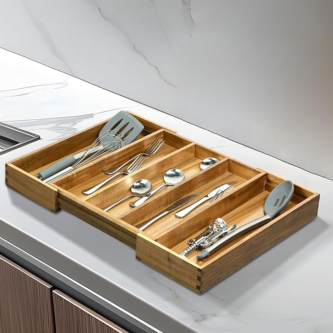 VaeFae Acacia Kitchen Silverware Organizer, Cutlery Drawer Organizer with 5 Compartments, Wooden Utensil Holder for Flatware and Cooking Tools-Ruum Studio Home