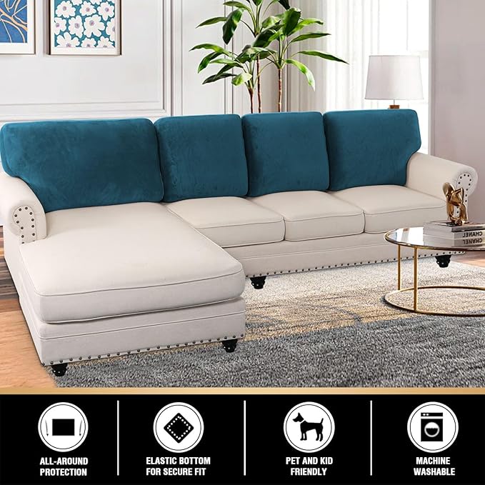 PrinceDeco Sectional Couch Covers Velvet Cushion Covers for Sectional Couch Washable Cushion Covers for Sectional Sofa Pet Friendly Sectional Sofa Slipcovers(1 Chaise Back+ 3 Sofa Back,Deep Teal)-Ruum Studio Home
