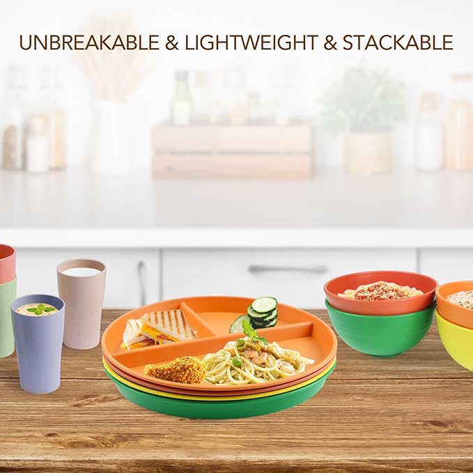 greenandlife 9 Inch 4PCS Unbreakable Portion Control Plates, Divided Plates for Kids Adults, Dishwasher & Microwave Safe Compartment Plate, Lightweight Reusable Wheat Straw Plate, BPA Free-Ruum Studio Home