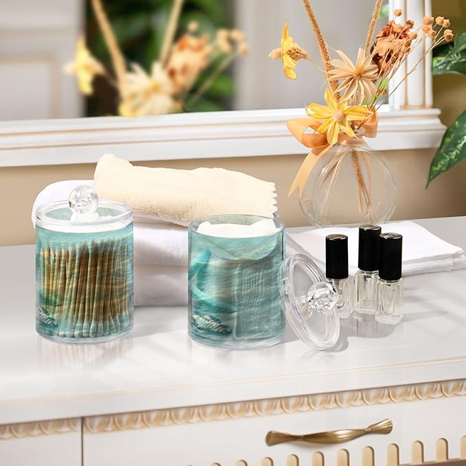 2 Pack Qtip Holder Organizer Dispenser Seashell Starfish Summer Beach Bathroom Storage Canister Cotton Ball Holder Container for Cotton Swabs/Pads/Floss-Ruum Studio Home