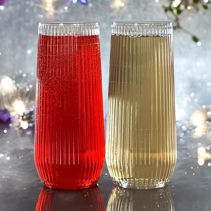 24 Pack Ribbed Origami Ripple Plastic Glasses, 12-9 Ounce Stemless Champagne Flutes & 12-12 Ounce Cups, BPA-Free Disposable Shatterproof Toasting Glasses for Weddings, Bars, and Events (Clear)-Ruum Studio Home
