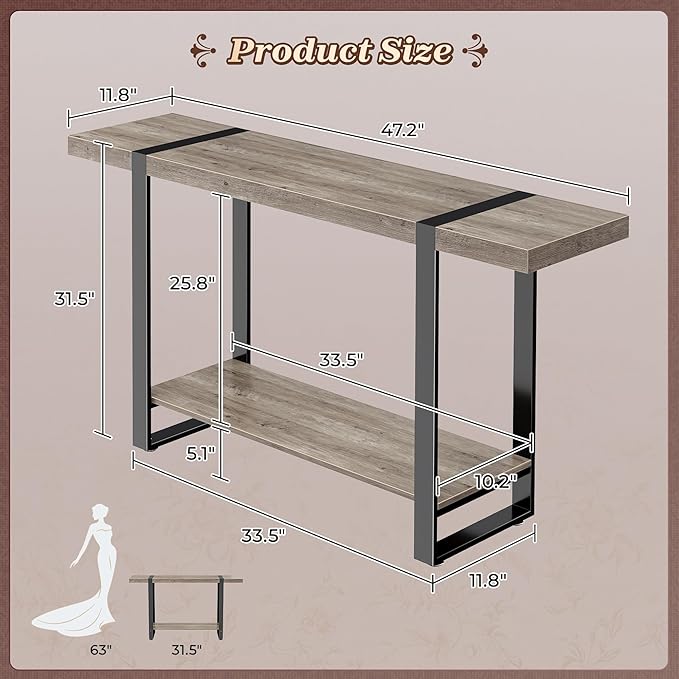 Huuger 47.2 Inch Entryway Table, 2-Tier Industrial Console Sofa Table with Storage, Accent Table, for Entry, Hallway, Entrance, Foyer, T-Shaped Metal Frame, Grey-Ruum Studio Home