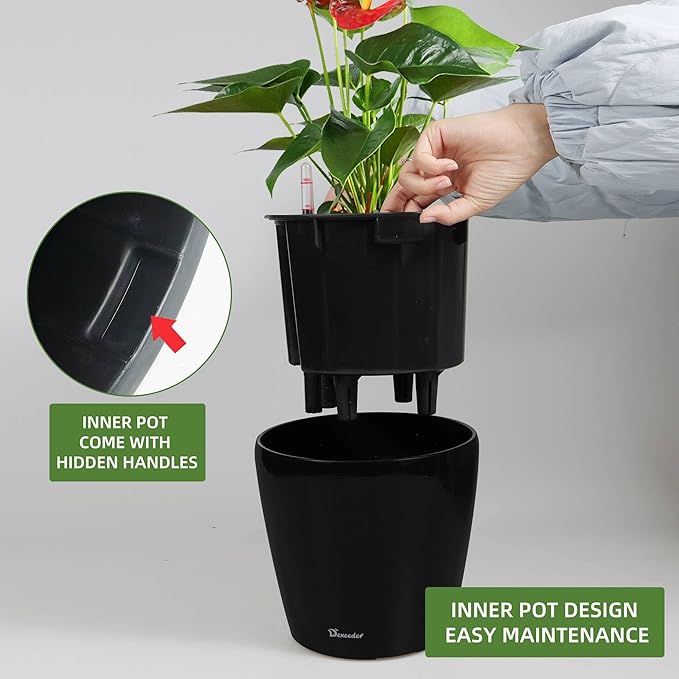 Dexceder 9x8 Inches High Gloss Self Watering Planter Indoor Outdoor, Inner Pot Design, Thickened Table Flower Plant Pot with Water Level Indicator (Black)-Ruum Studio Home