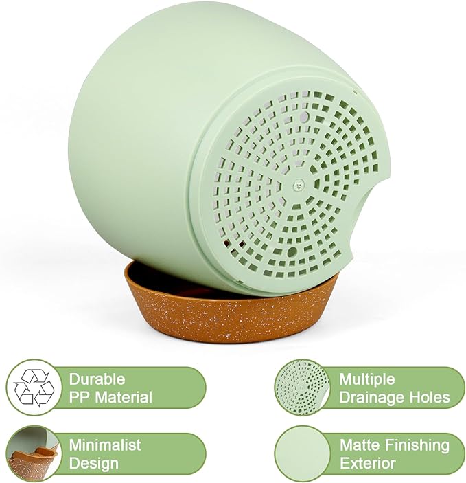10/9/8 inch Self Watering Pots, Planter, Plant Pots with Mesh Drainage Holes for Indoor Outdoor Garden Plants, Plastic Flower Pots with Deep Reservoir for House Plants, Green with Brown-Ruum Studio Home