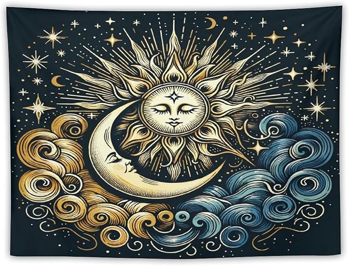 HZOHNAGO Sun Moon Tapestry Boho Golden Stars Pattern Printed Wall Tapestry Wall Hanging for Bedroom Living Room Dorm 40" W x 30" H-Ruum Studio Home