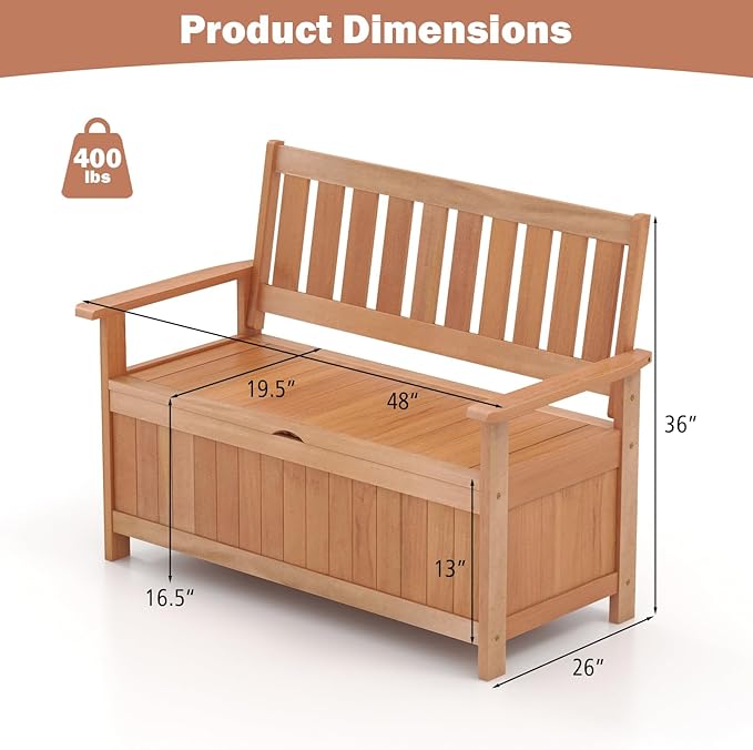 Tangkula 48 Inch Outdoor Wood Storage Bench Deck Box, Wooden Storage Loveseat with 34.2 Gal Inner Space, Entryway Bench Deck Box with Slatted Backrest, Storage Seat for Garden, Lawn, Balcony & Porch-Ruum Studio Home