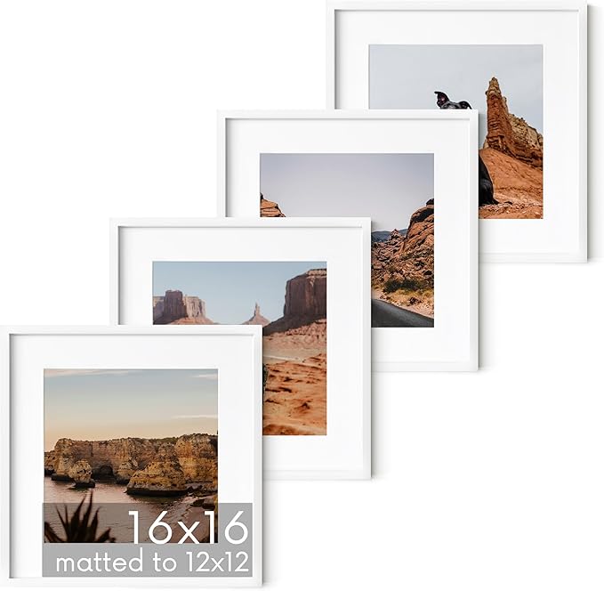 HAUS AND HUES 16x16 White Metal Picture Frames Matted to 12x12 - Features Premium Aluminum & Hanging Hardware, Shatterproof Plexiglass - Ideal for Home, Room, Office (16x16 in, White, Set of 4)-Ruum Studio Home