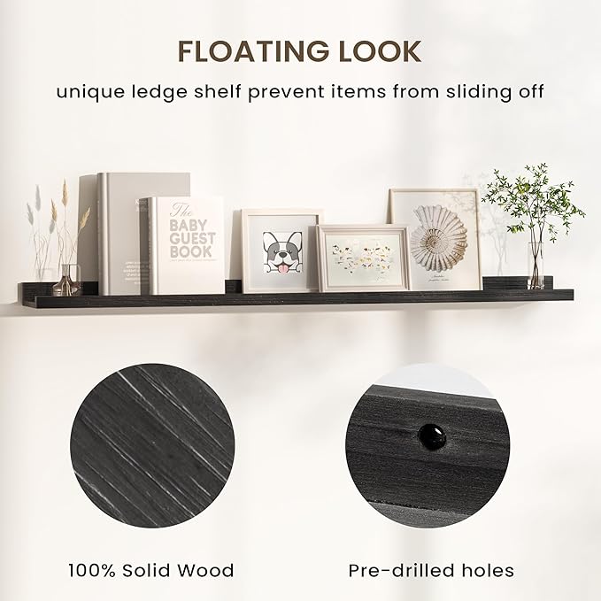 Floating Shelves for Wall, Picture Ledge Shelf 55 Inch Solid Wood Set of 2, Rustic Wall Shelves with Lip, Kids Bookshelf, Photo & Picture Live Edge Floating Shelves for Bedroom, Living Room, Kitchen-Ruum Studio Home
