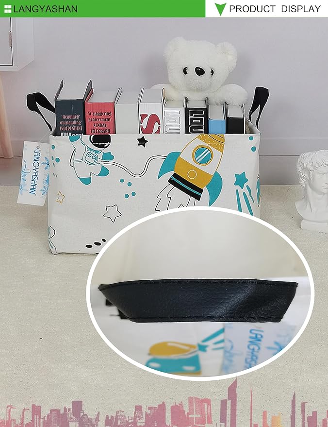 LANGYASHAN Rectangular Storage Bin Collapse Canvas Fabric Cartoon Storage Basket with Handles for Organizing Home Kitchen Boys and Girls Toys Office Closet Shelf Baskets (Rec space astronaut)-Ruum Studio Home