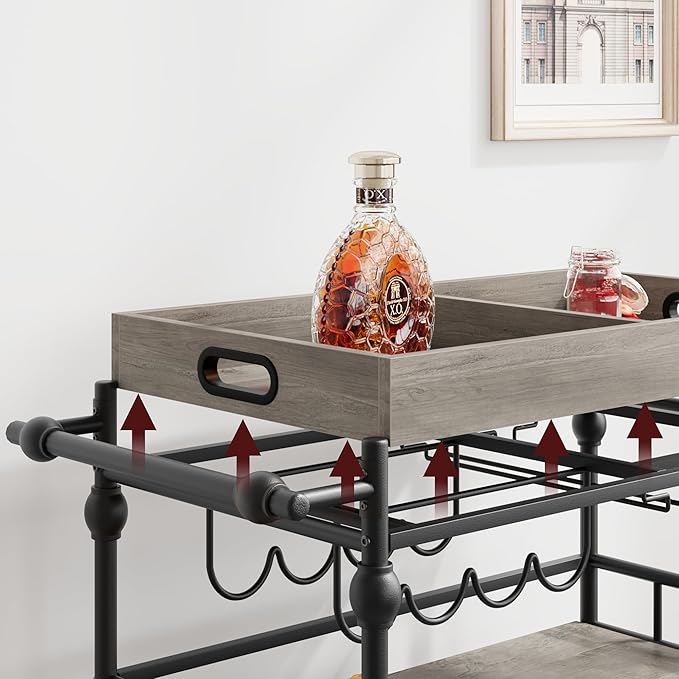 GarveeHome Bar Cart, Bar Carts for The Home, 3 Tier Serving Cart with Wheels, Home Bar & Serving Carts, Metal Rolling Cart with Wine Rack & Removable Tray for Kitchen, Dining Room, Living Room-Grey-Ruum Studio Home
