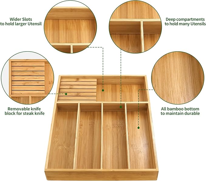 VaeFae Bamboo Silverware Organizer (Non-expandable), Utensil Holder for Drawer, Wooden Cutlery Tray with Divider for Kitchen Drawer, Utensil Organizer with Knife Block-Ruum Studio Home