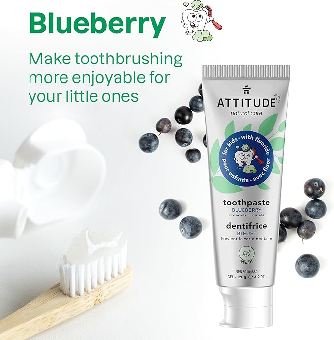 ATTITUDE Toothpaste with Fluoride, Prevents Tooth Decay and Cavities, Vegan, Cruelty-Free and Sugar-Free, Blueberry, 4.2 Oz-Ruum Studio Home