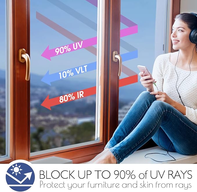 HIDBEA Window Film Daytime Privacy, Heat Control Sun Blocking Anti UV One Way Mirror Window Tint for Home, Non-Adhesive Self Static Cling Window Stickers (Blue-Silver, 35.4 Inch × 6.5 Feet)-Ruum Studio Home