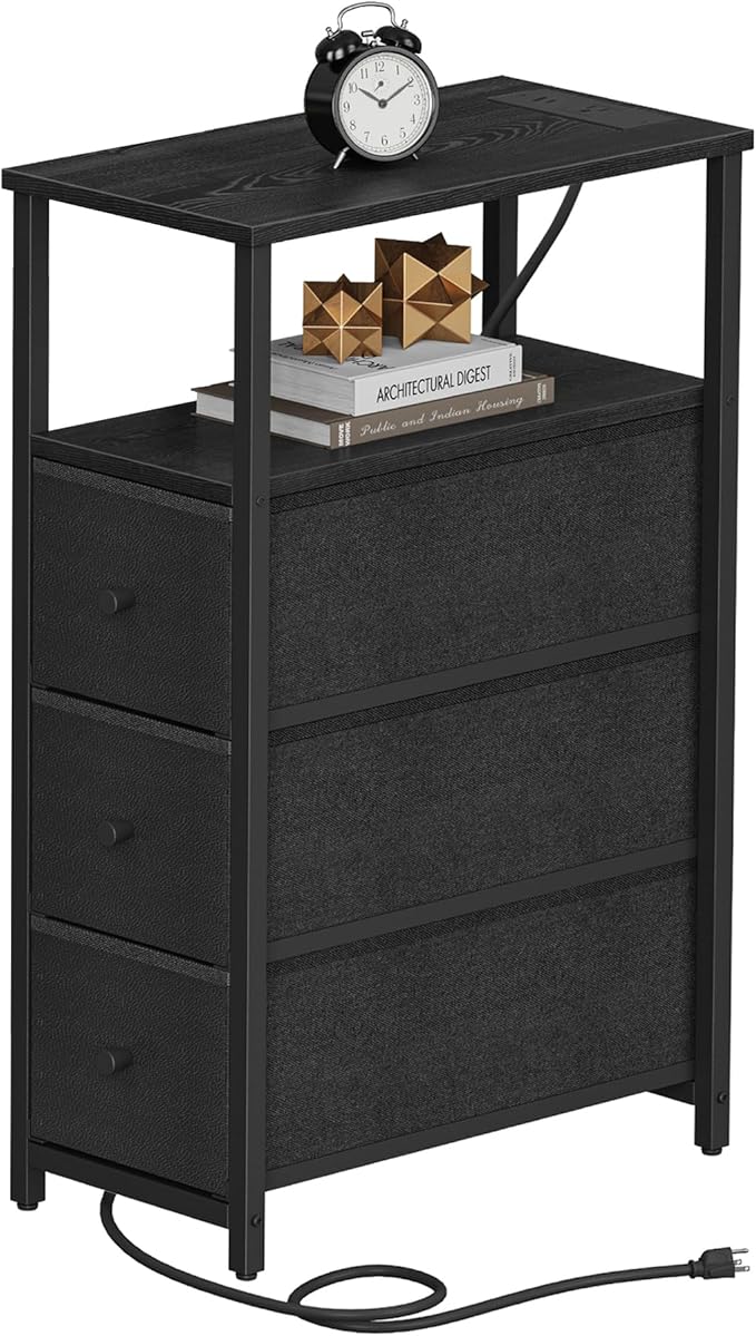 TUTOTAK Narrow Night Stand with Charging Station, Slim End Table with Plugins, Tall Side Table with 3 Fabric Drawer, Small Bedside Table with Storage, Living Room, Bedroom, Black TB01BK086-Ruum Studio Home