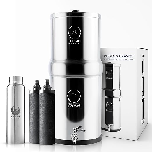 Gravity Water Filter System - 3.25 Gallons - NSF Certified - AISI 304 Stainless Steel Countertop Water Filter System with 2 Smart (Black) Carbon Filter Elements & Free Stainless Steel Water Spigot-Ruum Studio Home
