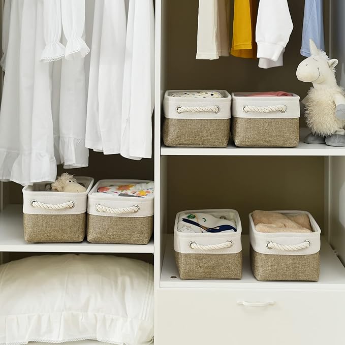 TcaFmac Storage Bins for Shelves - Small 6 Pack Collapsible Storage Basket for Organizing, Fabric Storage Cubes with Handle for Closet Cloth Toy Gift Kids (White & Khaki 11.8x7.8x5.2 inch)-Ruum Studio Home