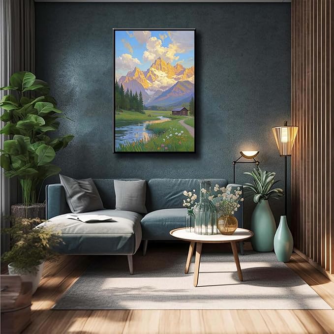 The mountain stream and lawn scenery under the sun is suitable for posting in the living room bedroom office landscape poster wall painting-Ruum Studio Home