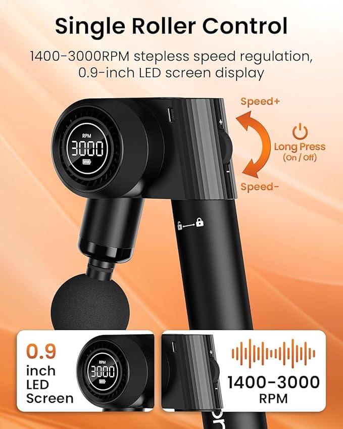 Foldable Massage Gun Deep Tissue with 5 Adjustable Angles,Portable Percussion Back Massager for Muscle/Neck/Body Pain Relief with Long Extension Metal Handle,32-Speeds,with Carry Case-Ruum Studio Home