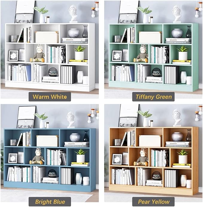 IOTXY Open Shelf Low Bookcase - Wooden 3-Tier Floor Standing Display Cabinet Organizer with Base, 10 Cubes Short Horizontal Bookshelf in Pear Yellow-Ruum Studio Home
