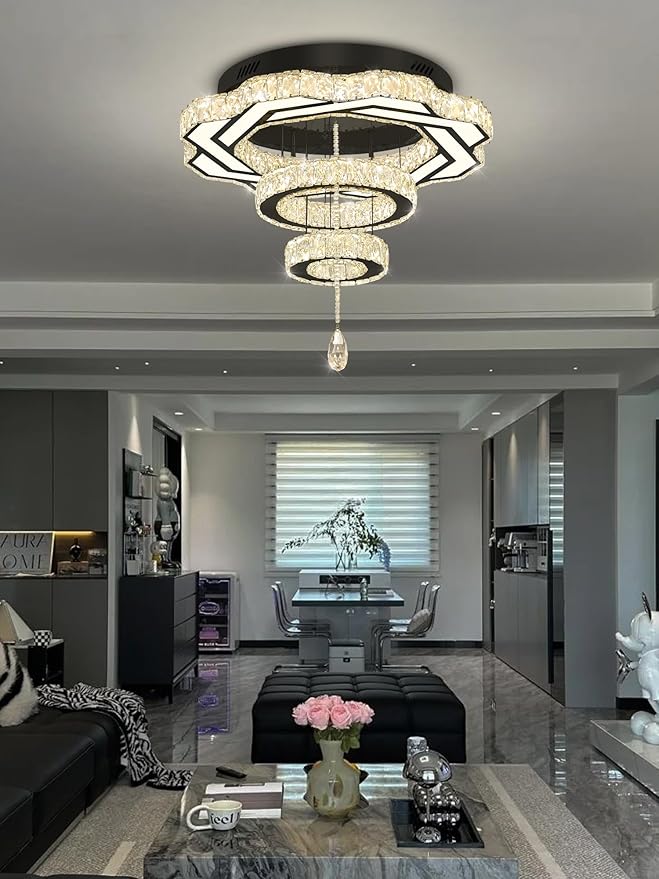 Flashing God Modern Crystal Chandeliers Dia 24" Black Chandelier Flush Mount Ceiling Light for Bedroom Living Room Dining Room Hallway Dimmable 3 Rings LED Celing Lighting Fixtures-Ruum Studio Home