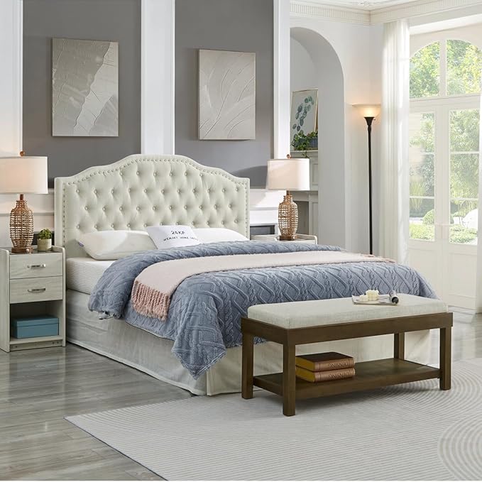 24KF Upholstered Button Tufted Queen Headboard with Nailhead Trim, Elegant Boucle Fabric Full headboard, 6031-Q-Boucle-Beige-Ruum Studio Home