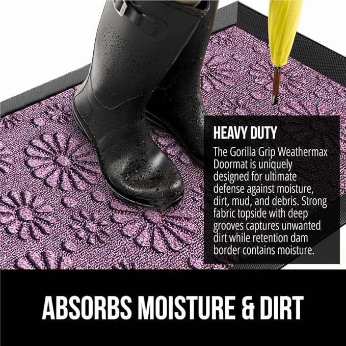 GORILLA GRIP 100% Waterproof All-Season WeatherMax Doormat, 23x35, Durable Natural Rubber, Stain and Fade Resistant, Low Profile, Indoor Outdoor Doormats, Easy Clean Entry Mat, Purple Confetti Daisy-Ruum Studio Home