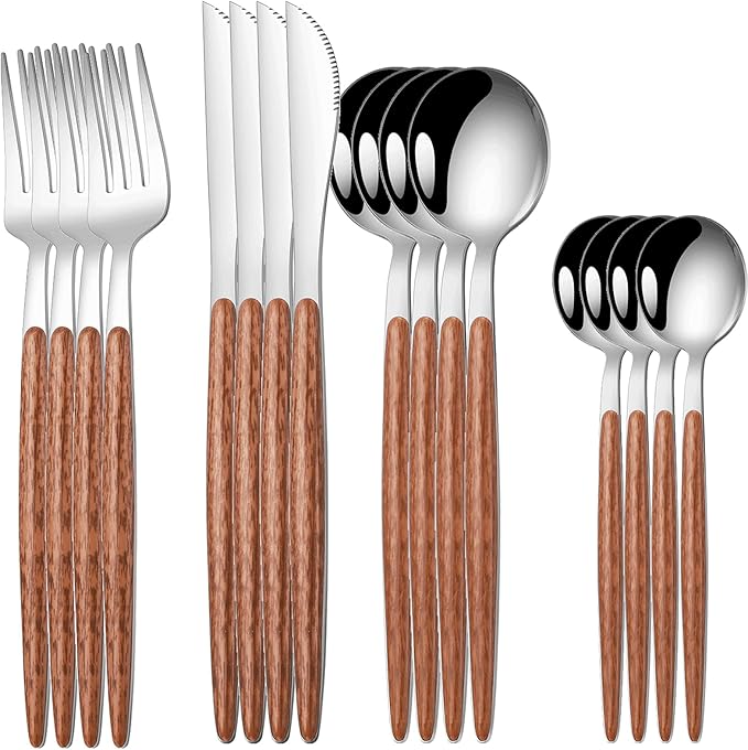 16 PCS Silverware Set for 4,Stainless Steel Flatware Cutlery Eating Utensils Set with Wood Grain Handle,Steak Knives Forks and Spoons for Home,Party,Mirror Polished and Dishwasher Safe-Ruum Studio Home