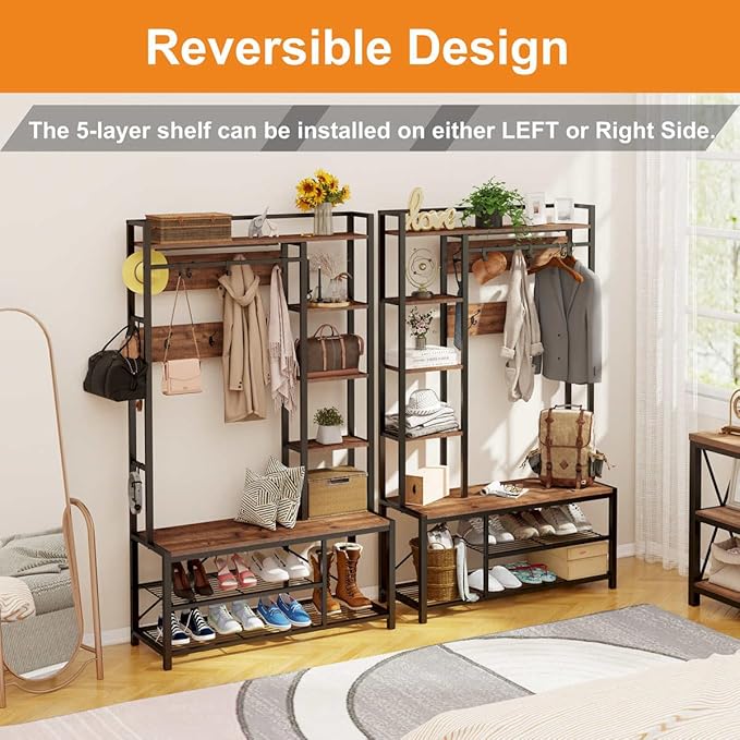 BON AUGURE Hall Tree with Shoe Storage, 5-in-1 Reversible Entryway Bench with Coat Hooks for Hallway, Rustic Wood and Metal Coat Rack with Shelves for Mudroom (Rustic Oak)-Ruum Studio Home