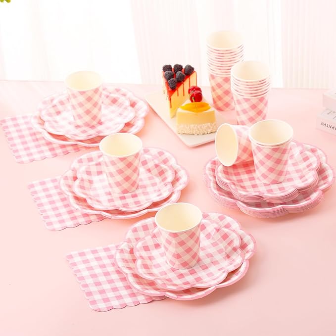 175 Pcs Pink Gingham Plates and Napkins Party Supplies - Pink and White Checkered Plates Sets Serve 25 Guests - Scalloped Gingham Paper Plate for Birthday Wedding Picnic Party Decorations-Ruum Studio Home
