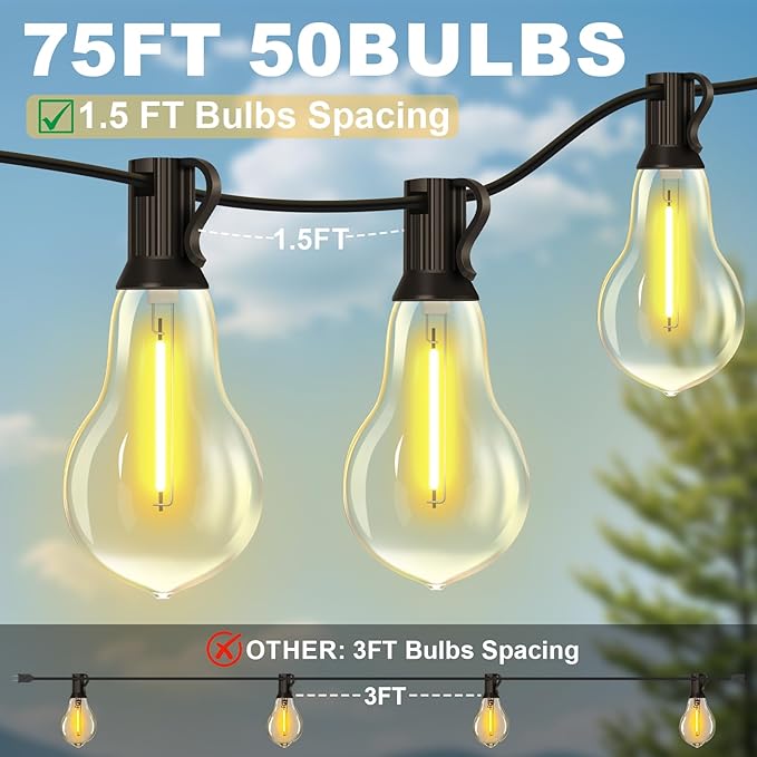 75FT Outdoor String Lights Waterproof with 50+4 Bulbs (1.5FT Bulbs Spacing), Remote & Dimmer, Commercial Patio String Lights with 3 Mode Light & Timing, 100PC Mounting Ties for Outside-Ruum Studio Home