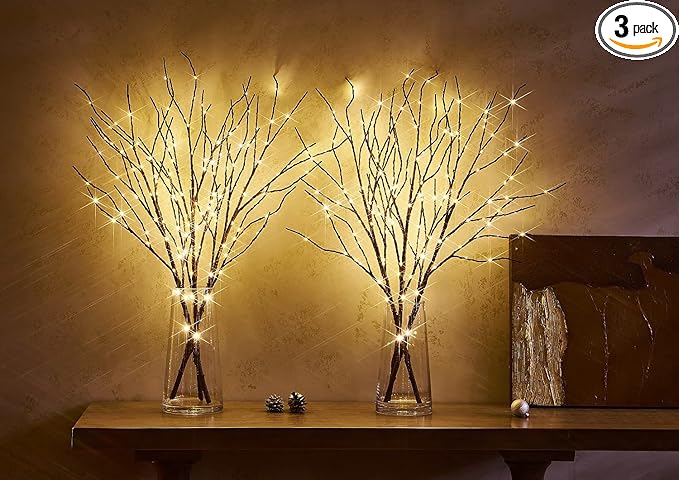 Fudios Lighted Twigs and Branches for Vases Plug in 32in Tall,Brown Willow Tree Branches with Lights 150 LED Outdoor Indoor Holiday Party Decor Gift 2Sets-Ruum Studio Home