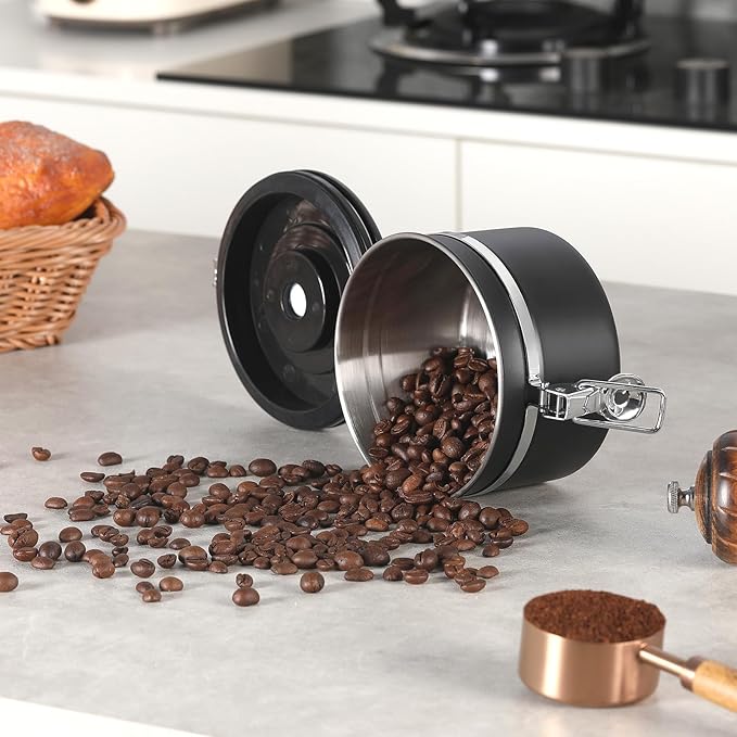 malmo Coffee Canister, Airtight Coffee Container with Date Tracker Lid, Stainless Steel Canister for Kitchen Food Storage (Black, 9oz)-Ruum Studio Home