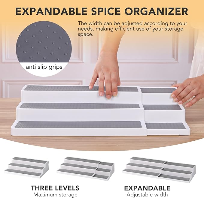 3 Tier Expandable Spice Rack Organizer, White/Grey Plastic Spice Rack, Adjustable Length 14.6In-25.8In, 2 Pack Non-Skid Tiered Spice Shelf Organizer for Kitchen Cabinet, Cupboard, Pantry-Ruum Studio Home
