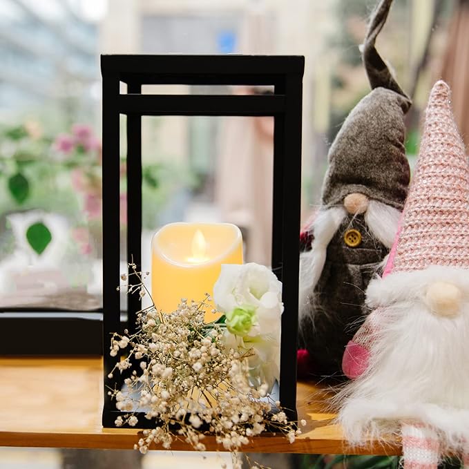 HPC Decor Black Metal Candle Lanterns Set of 2- Lanterns Decorative w/ LED Timer Candles- 15.8'' & 12.6'' Chunky Modern Farmhouse Lantern Decor for Indoor,Outdoor,Fireplace,Porch (No Glass)-Ruum Studio Home