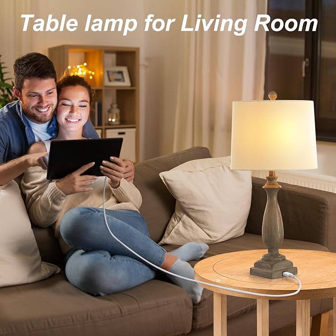 𝟐𝟔-𝐈𝐍𝐂𝐇 Rustic Table Lamp Set of 2 for Living Room, Vintage Farmhouse Bedside Lamp with USB Charging Port, 3 Way Dimmable Resin Nightstand Lamps with White Shade for Bedroom, End Table-Ruum Studio Home