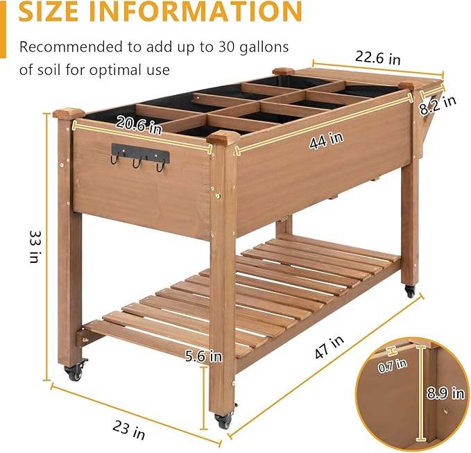 Raised Garden Bed with Lockable Wheels Mobile Elevated Wood Planter,Storage Shelf, Protective Liner,55.5x24x32in (Brown)-Ruum Studio Home