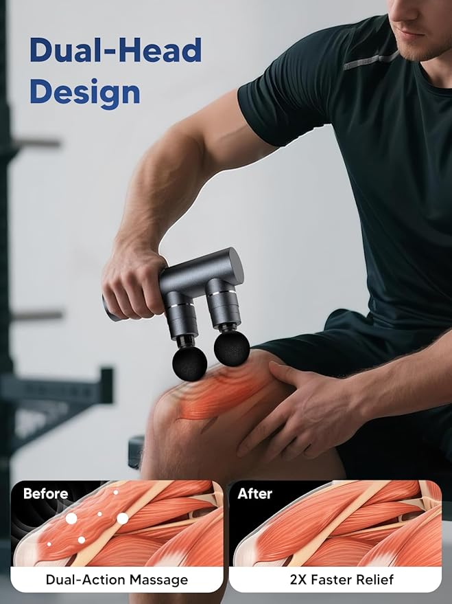 arboleaf Massage Gun Deep Tissue with Double Heads, Full-Metal Electric Portable Handheld Massager for Back, Shoulder, Sore Muscles, Pain Relief, 5 Modes, Seamless Speed Control-Ruum Studio Home